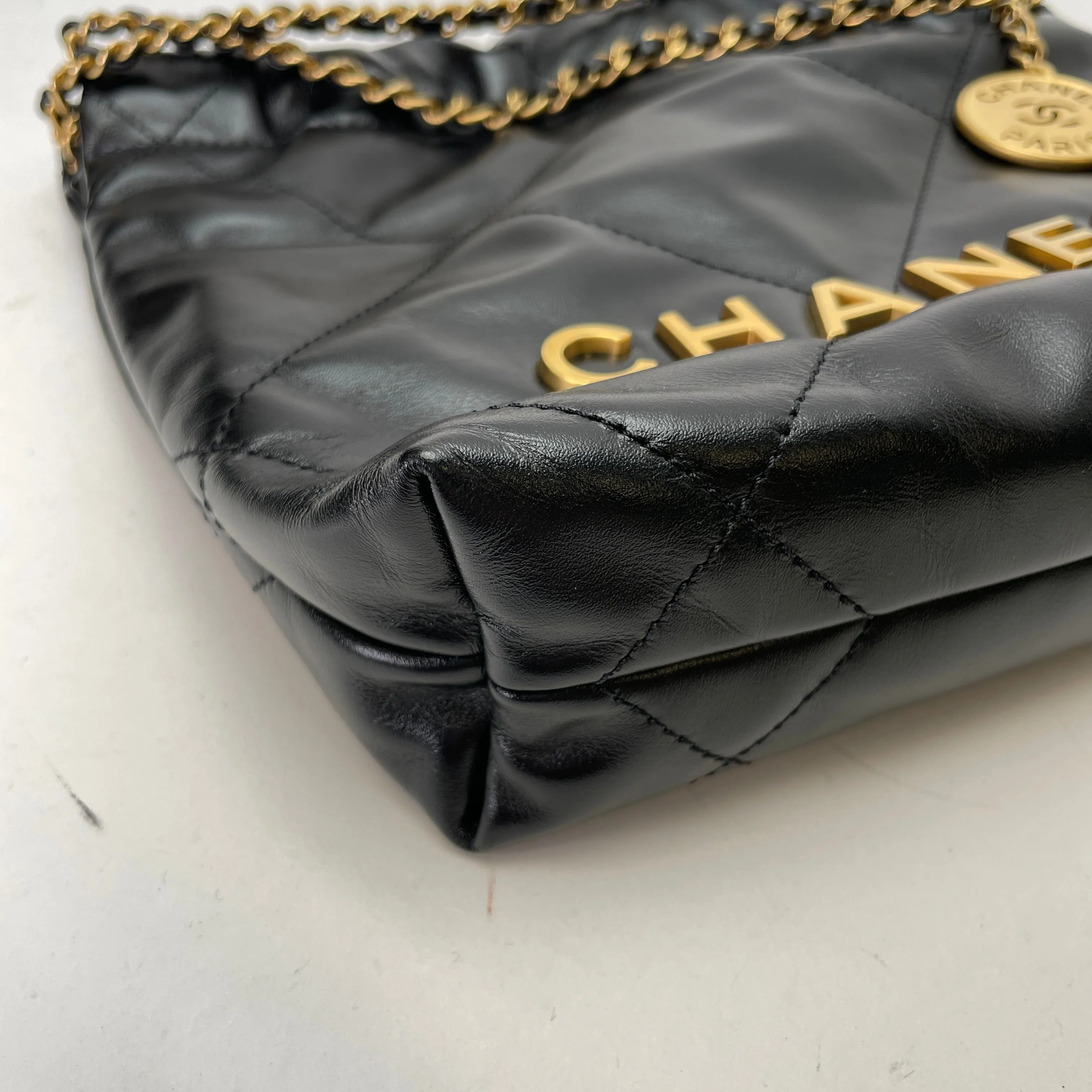 22 Mini Black Shoulder Bag in Calfskin, Gold hardware