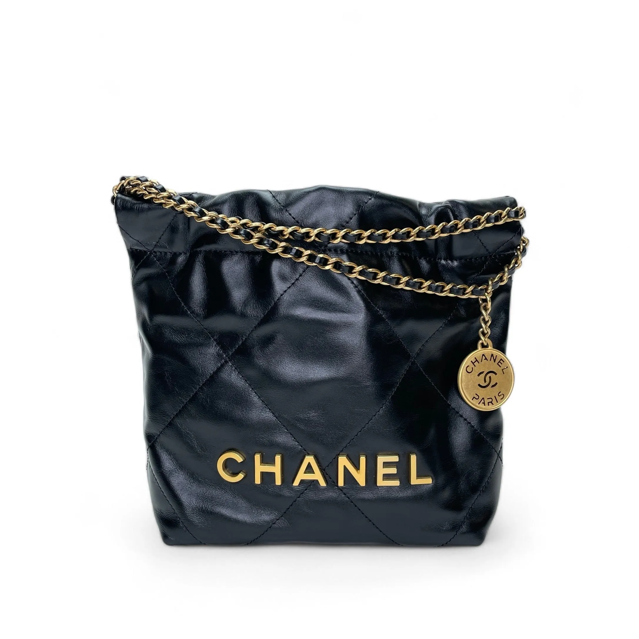 22 Mini Black Shoulder Bag in Calfskin, Gold hardware