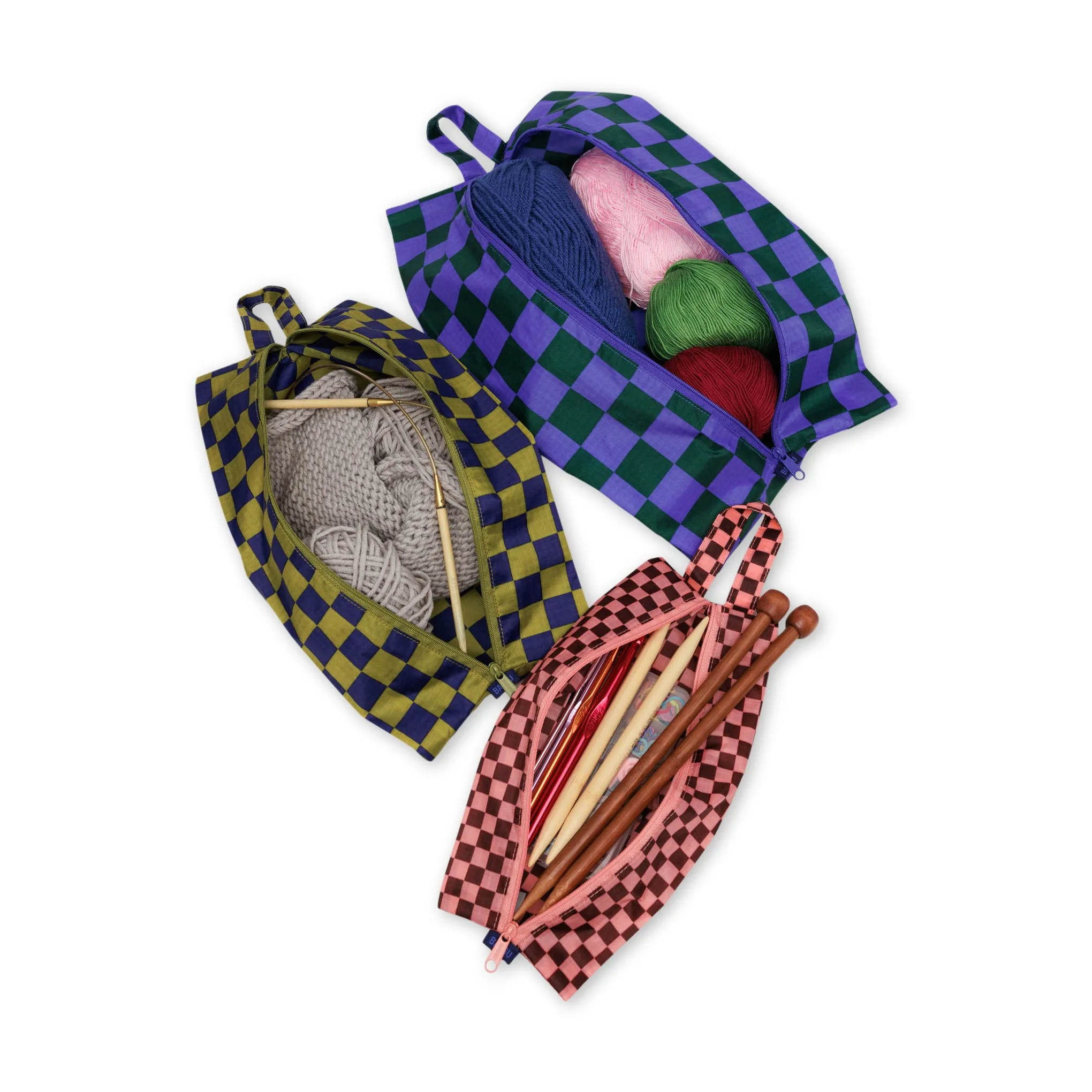 Baggu Recycled Nylon 3D Zip Pouches - Set of 3 - Jewel Checks