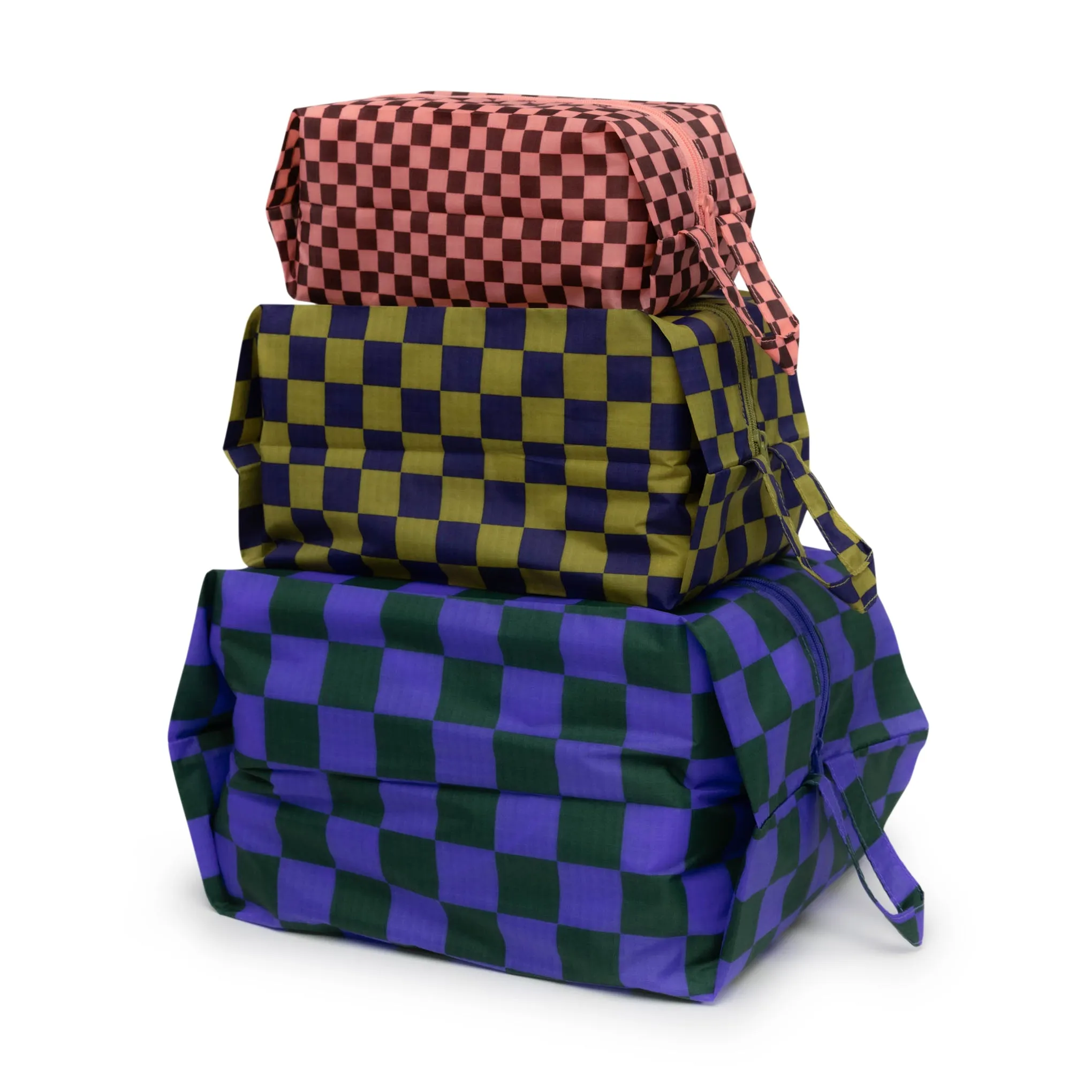 Baggu Recycled Nylon 3D Zip Pouches - Set of 3 - Jewel Checks