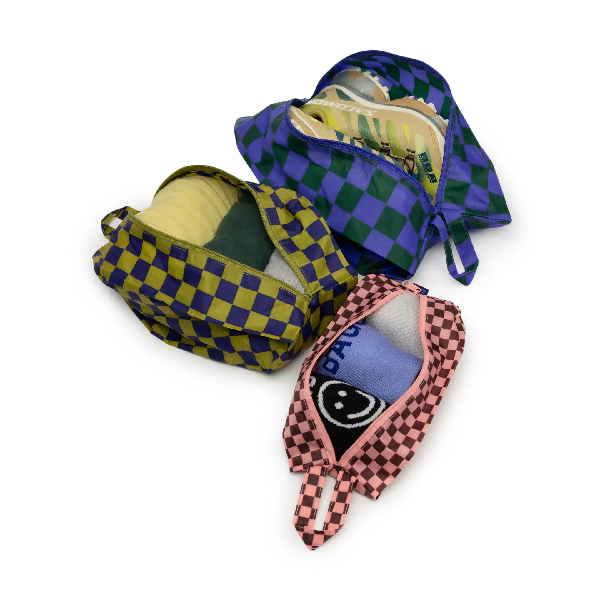 Baggu Recycled Nylon 3D Zip Pouches - Set of 3 - Jewel Checks