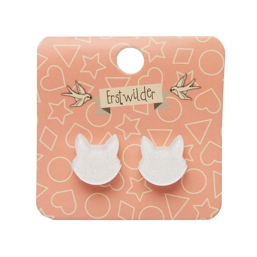 Cat Head Glitter Resin Stud Earrings - White