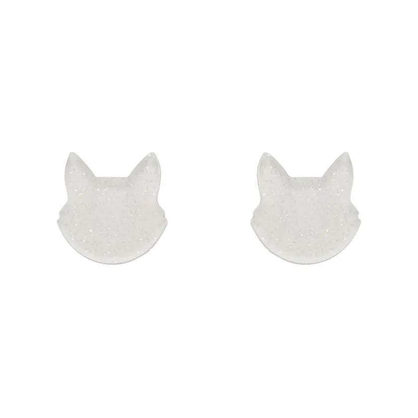 Cat Head Glitter Resin Stud Earrings - White