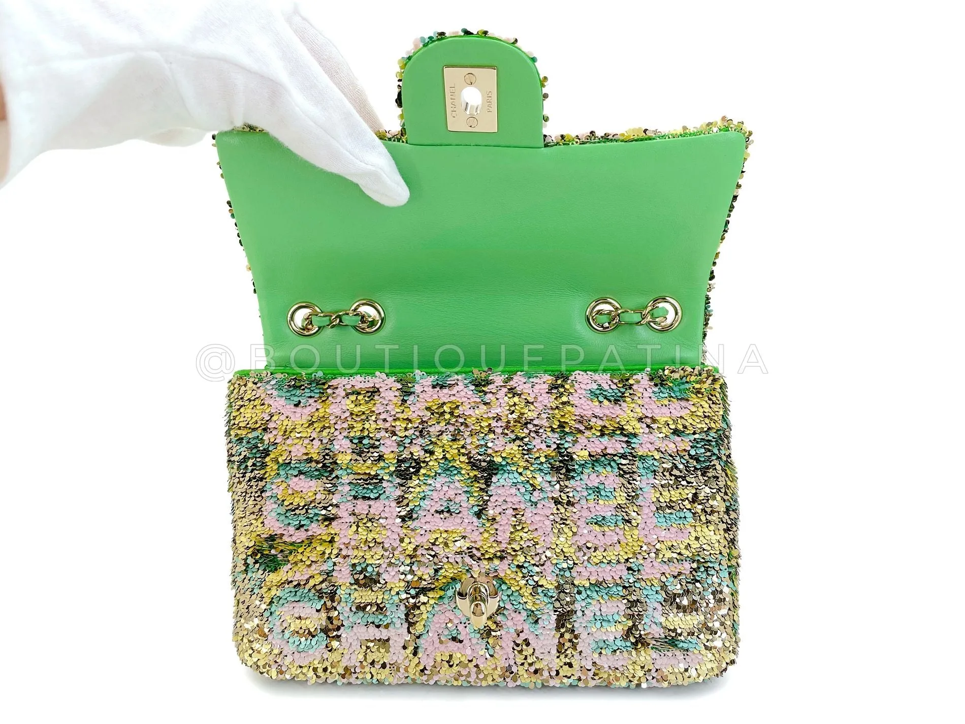 Chanel 2021 Iconic Green Pastel Letter Sequin Green Rectangular Mini Flap Bag GHW 2EE