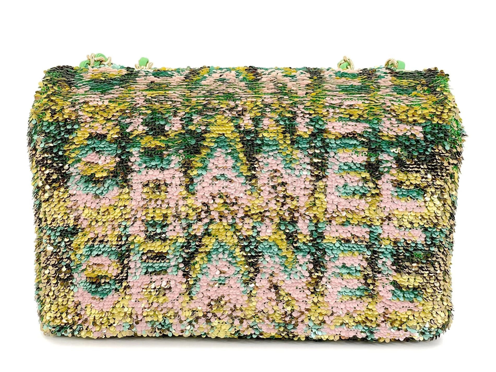 Chanel 2021 Iconic Green Pastel Letter Sequin Green Rectangular Mini Flap Bag GHW 2EE