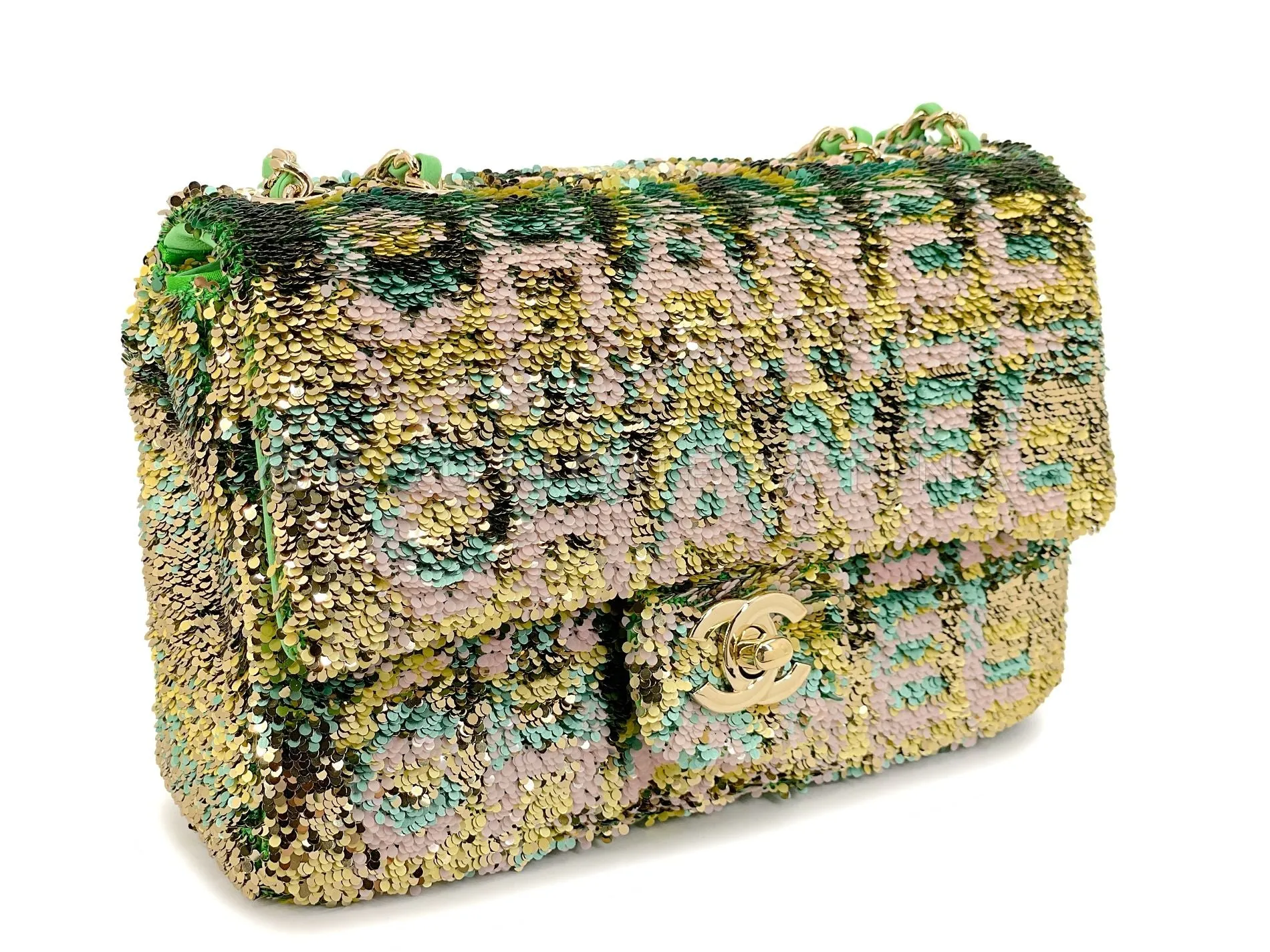 Chanel 2021 Iconic Green Pastel Letter Sequin Green Rectangular Mini Flap Bag GHW 2EE