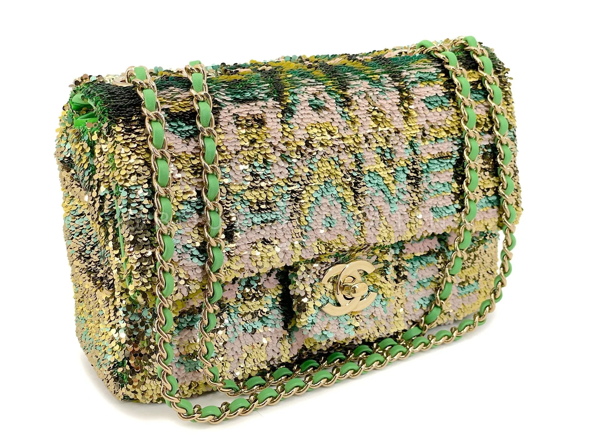 Chanel 2021 Iconic Green Pastel Letter Sequin Green Rectangular Mini Flap Bag GHW 2EE