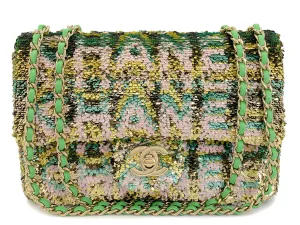 Chanel 2021 Iconic Green Pastel Letter Sequin Green Rectangular Mini Flap Bag GHW 2EE