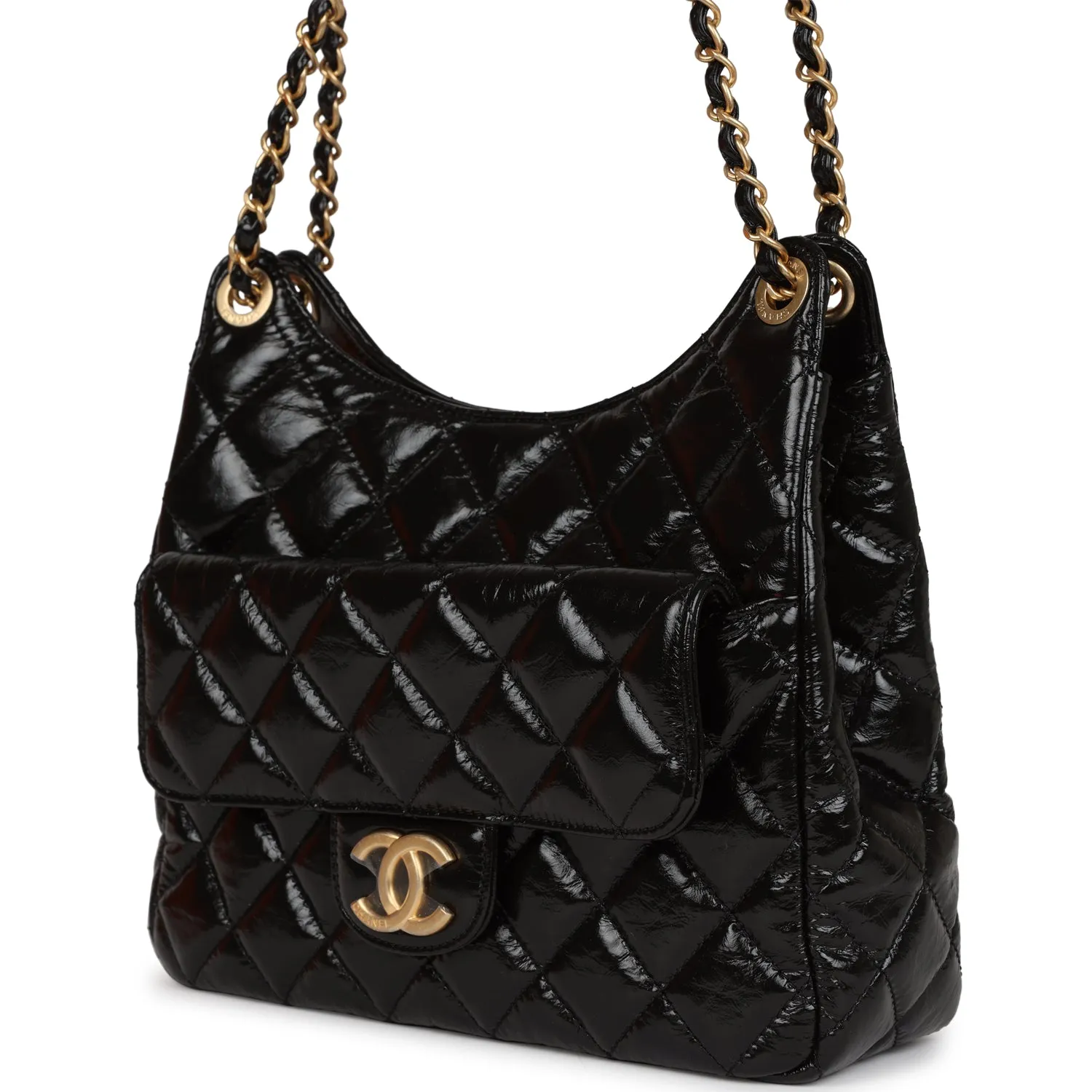 Chanel CC Hobo Bag Black Shiny Crumpled Calfskin Gold Hardware