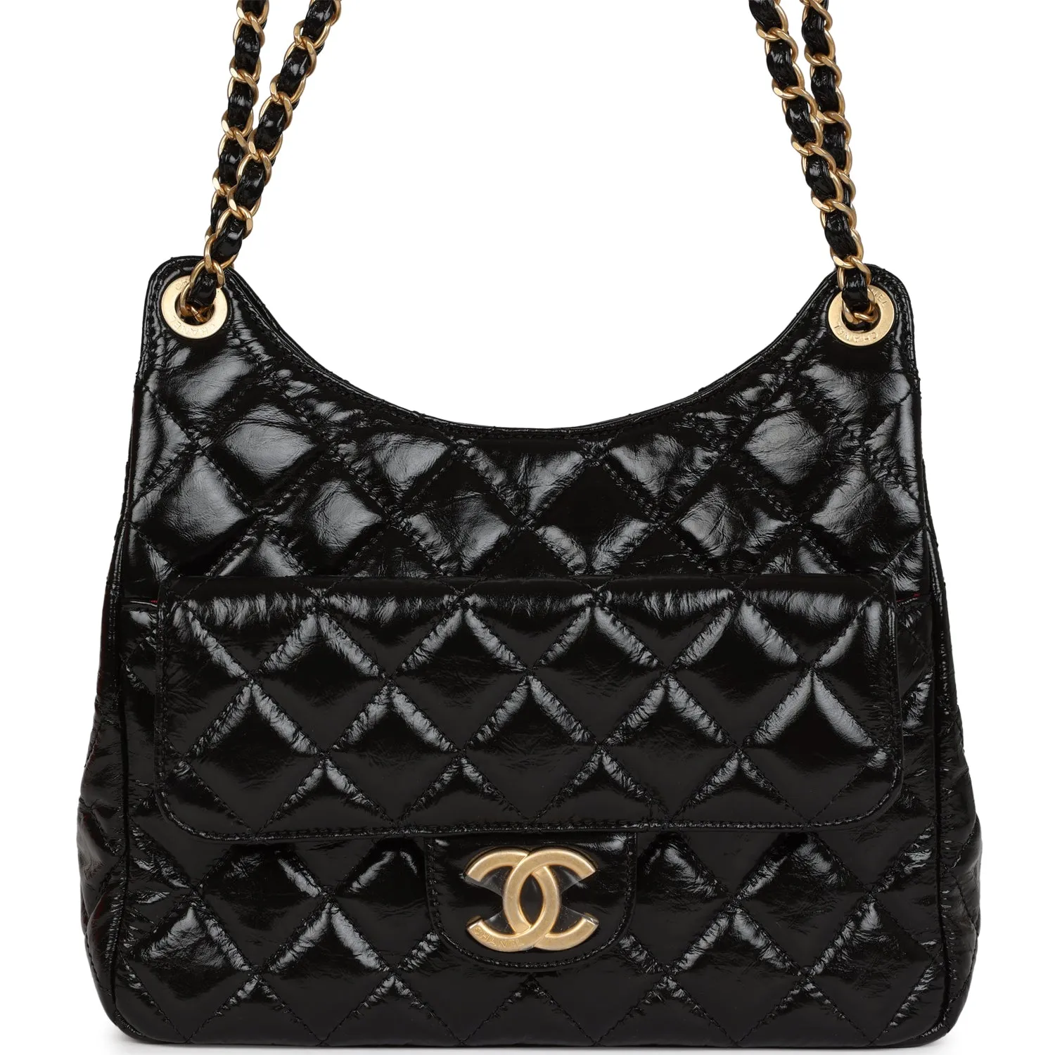 Chanel CC Hobo Bag Black Shiny Crumpled Calfskin Gold Hardware