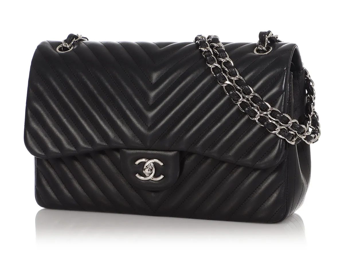 Chanel Jumbo Black Chevron-Quilted Lambskin Classic Double Flap