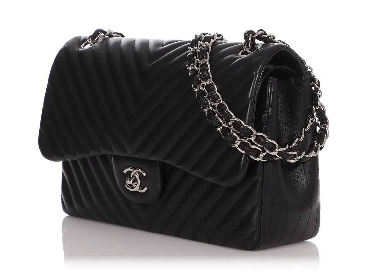 Chanel Jumbo Black Chevron-Quilted Lambskin Classic Double Flap