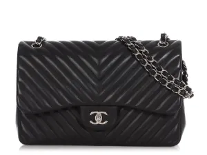 Chanel Jumbo Black Chevron-Quilted Lambskin Classic Double Flap