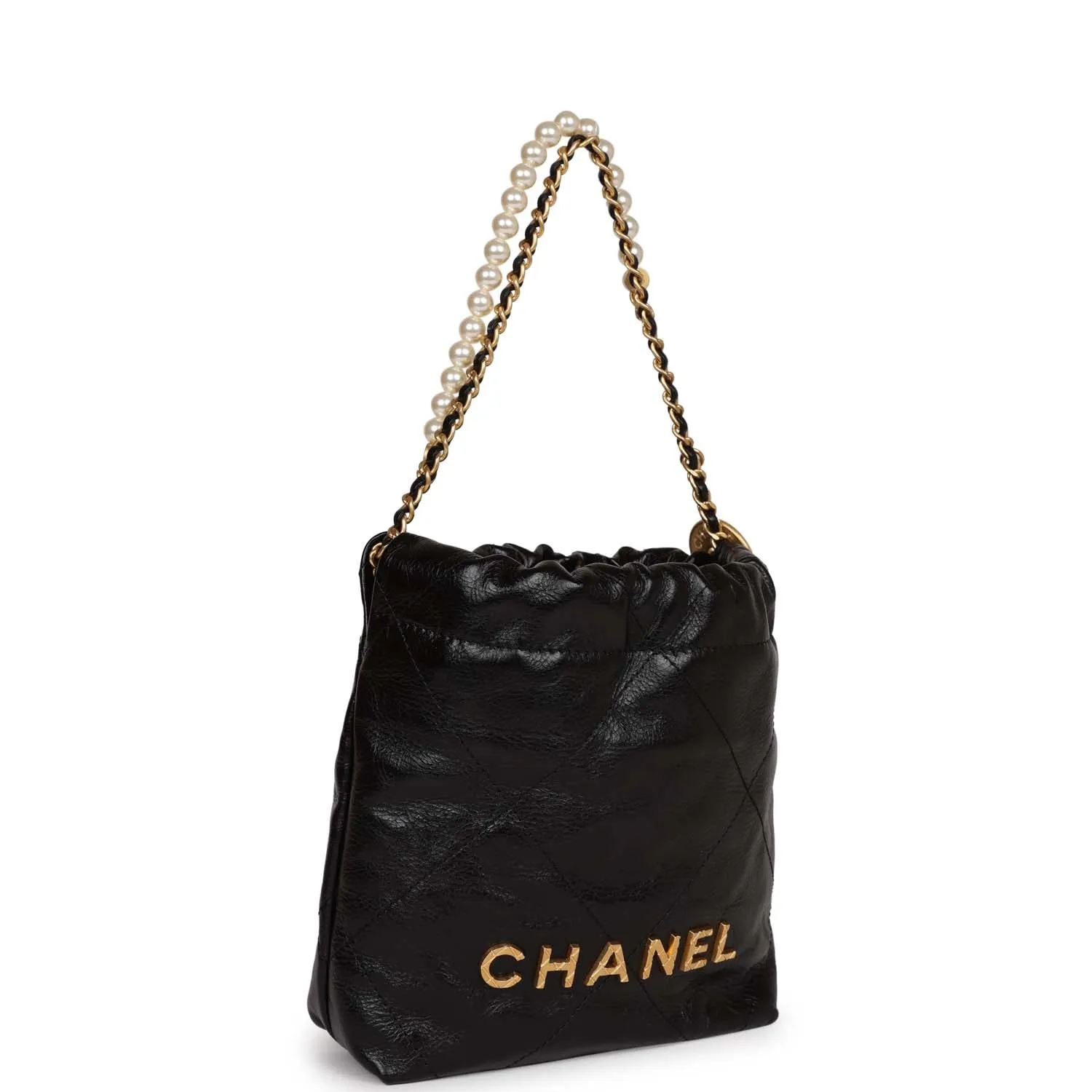 Chanel Mini 22 Bag Black Calfskin and Pearl Antique Gold Hardware