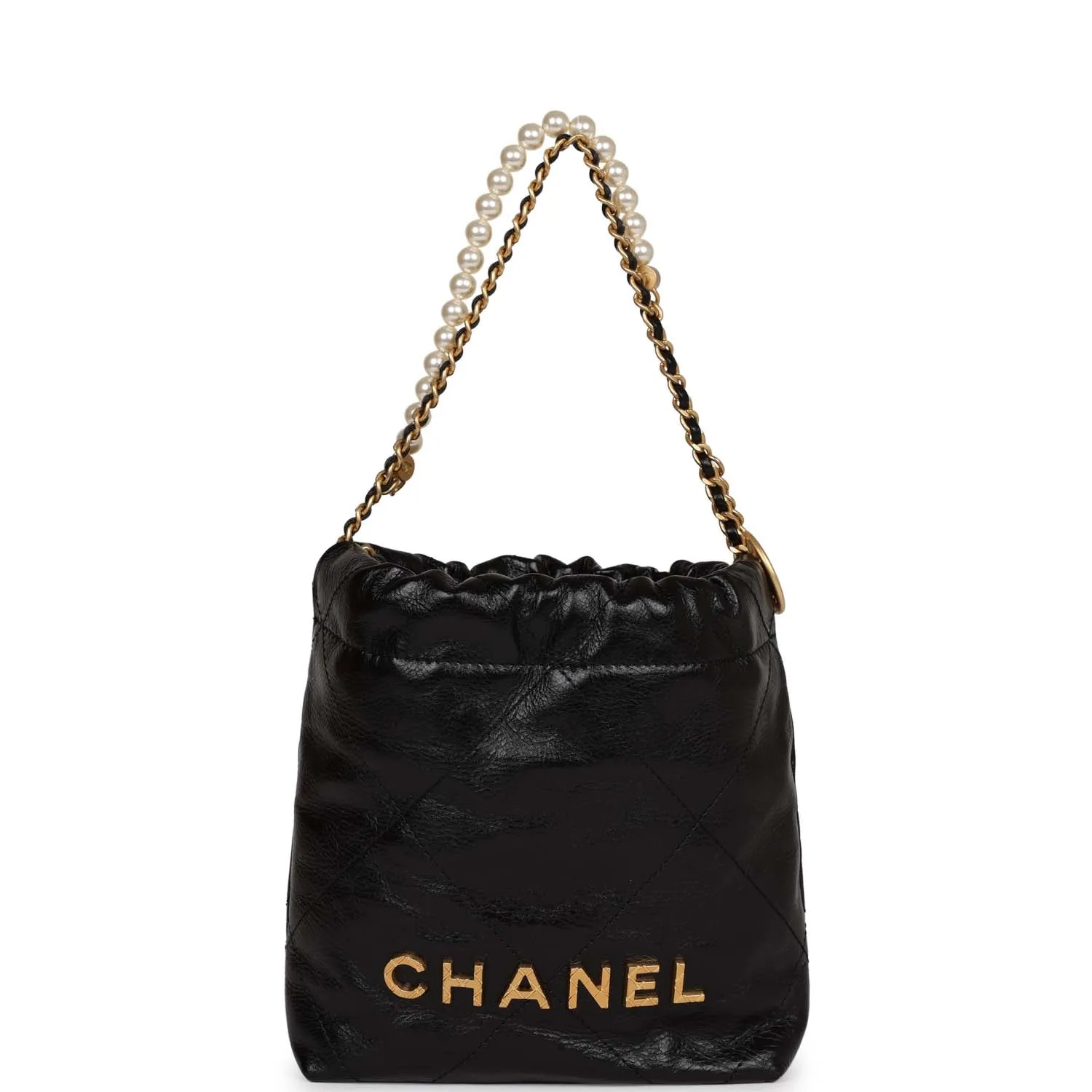 Chanel Mini 22 Bag Black Calfskin and Pearl Antique Gold Hardware