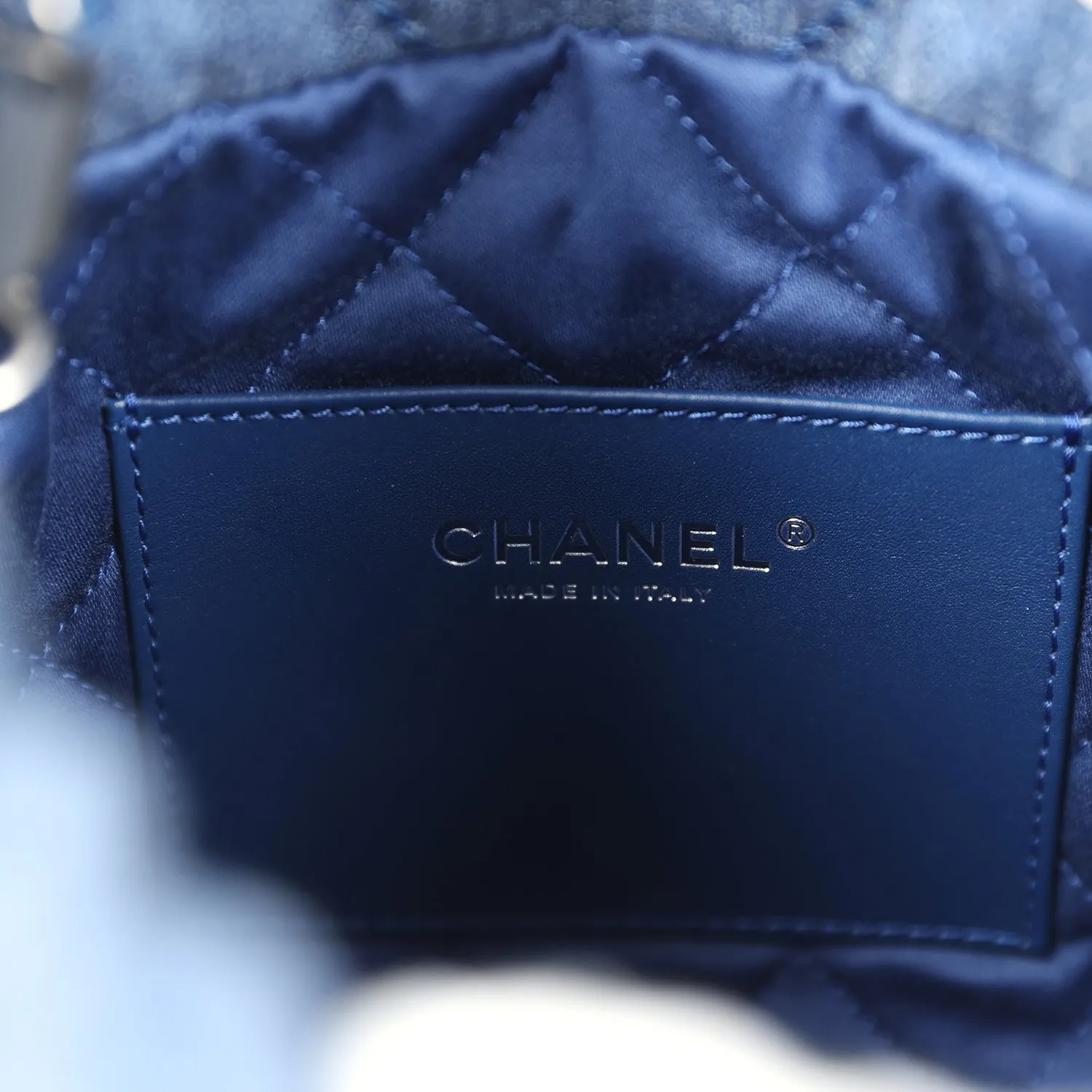 Chanel Mini 22 Bag Blue Studded Denim Silver Hardware