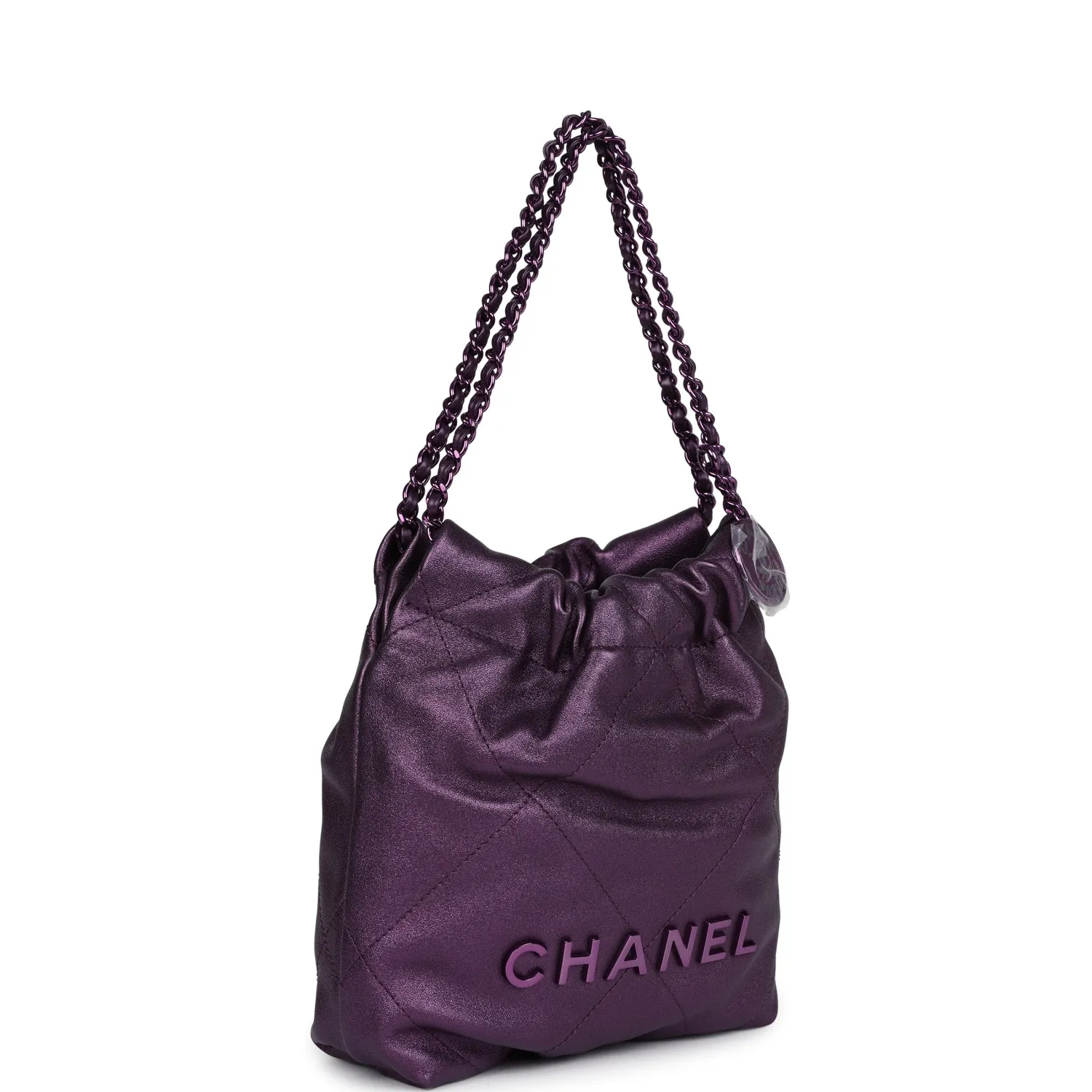 Chanel Mini 22 Bag Dark Purple Metallic Lambskin Lacquered Metal Hardware