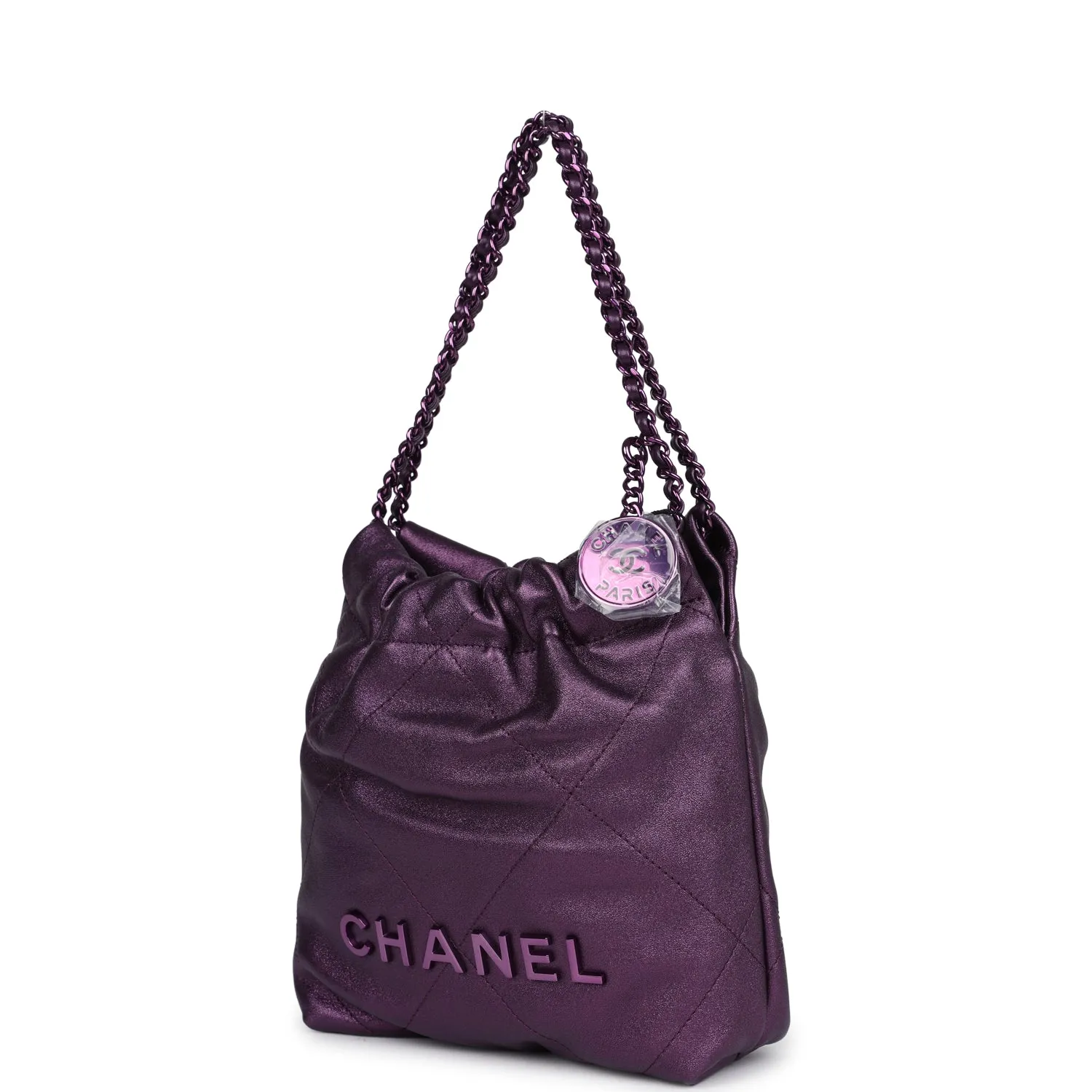 Chanel Mini 22 Bag Dark Purple Metallic Lambskin Lacquered Metal Hardware