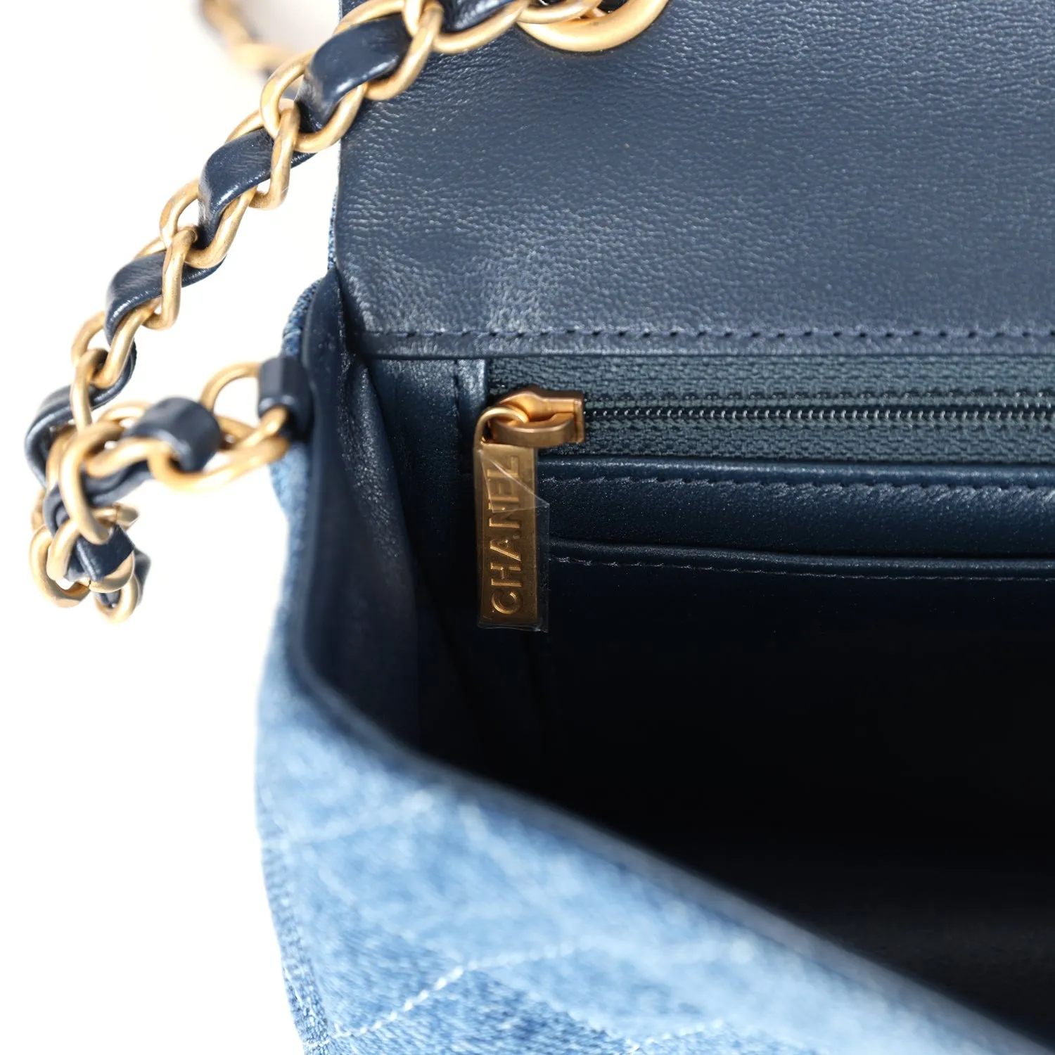 Chanel Mini Rectangular Flap Bag Blue Denim Antique Gold Hardware