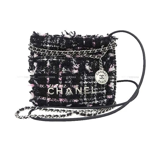 CHANEL Shoulder bag CHANEL22 Mini Matelasse With medal charm Chain Noir (Black)/Blanc (White)/Pink Tweed Sequins Antique Silver HW AS3880[EXCELLENT][Authentic]