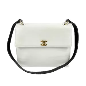 CHANEL - Vintage Medium Classic Flap - CC Lock White / Black Messenger Bag