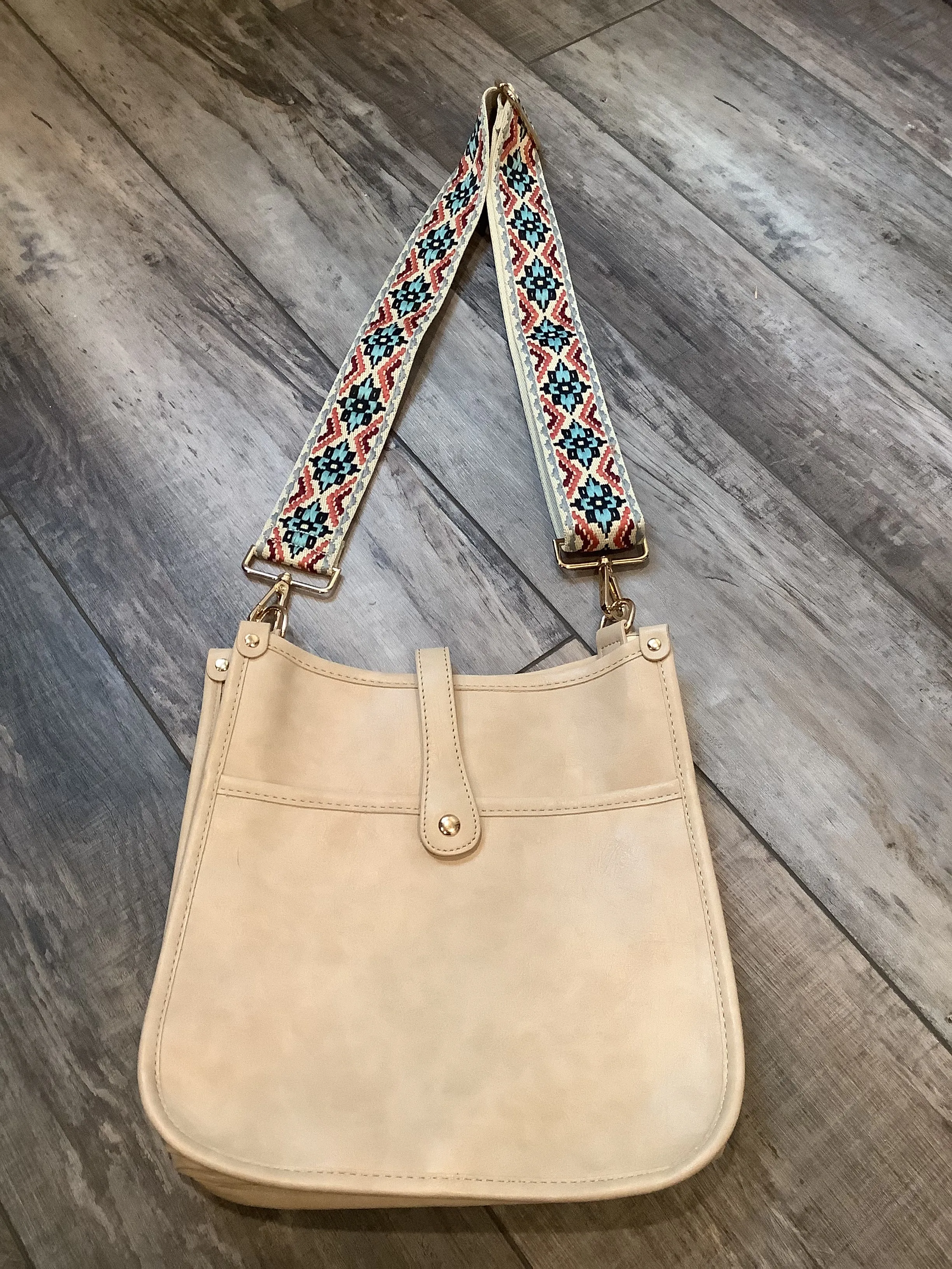 Cream Vintage Vegan Leather Messenger Bag with Aztec Strap