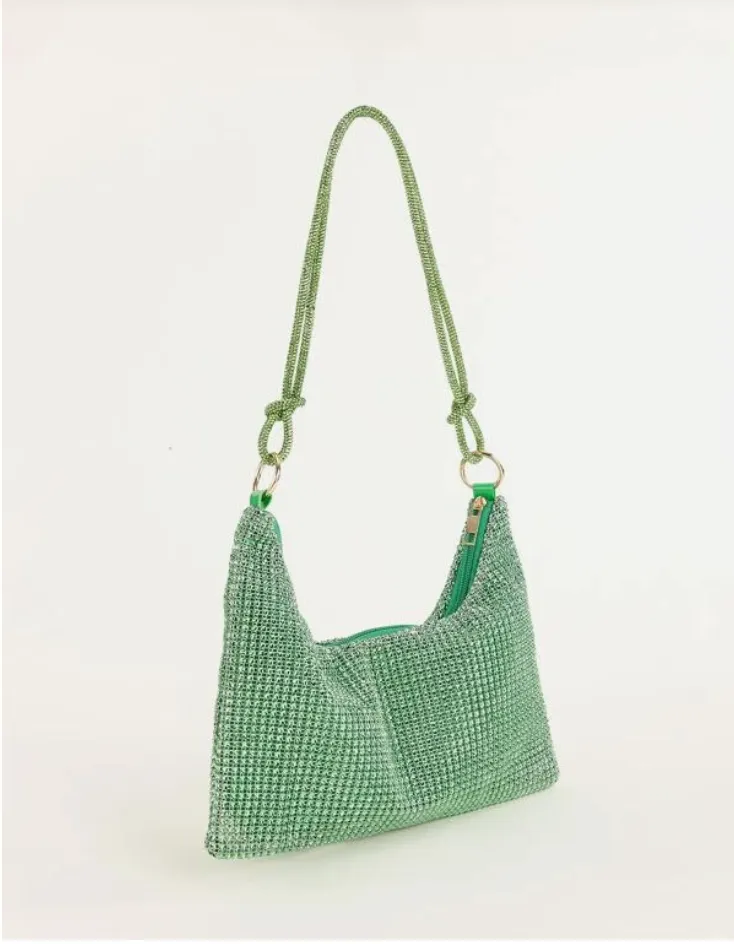 Dazzling Green Rhinestone Decor Hobo Bag