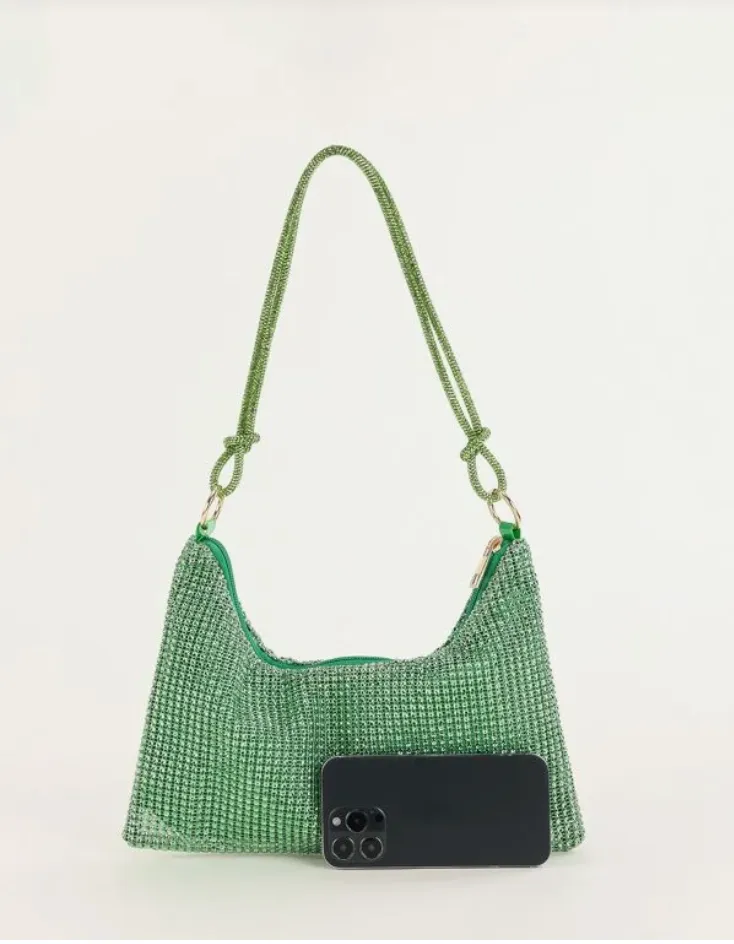 Dazzling Green Rhinestone Decor Hobo Bag