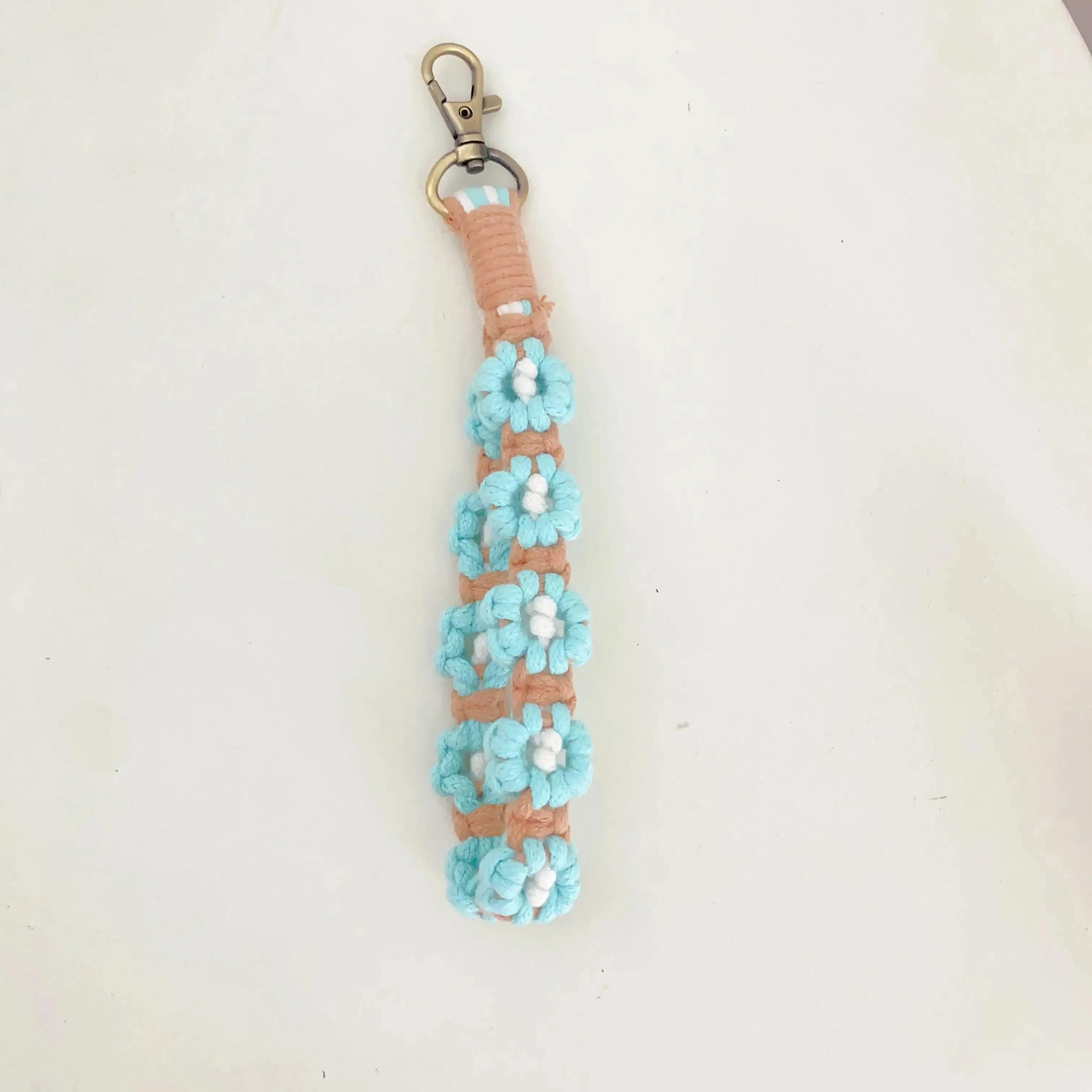 Floral Hand-Woven Cotton Wristlet with Lobster Clasp Ring Holder