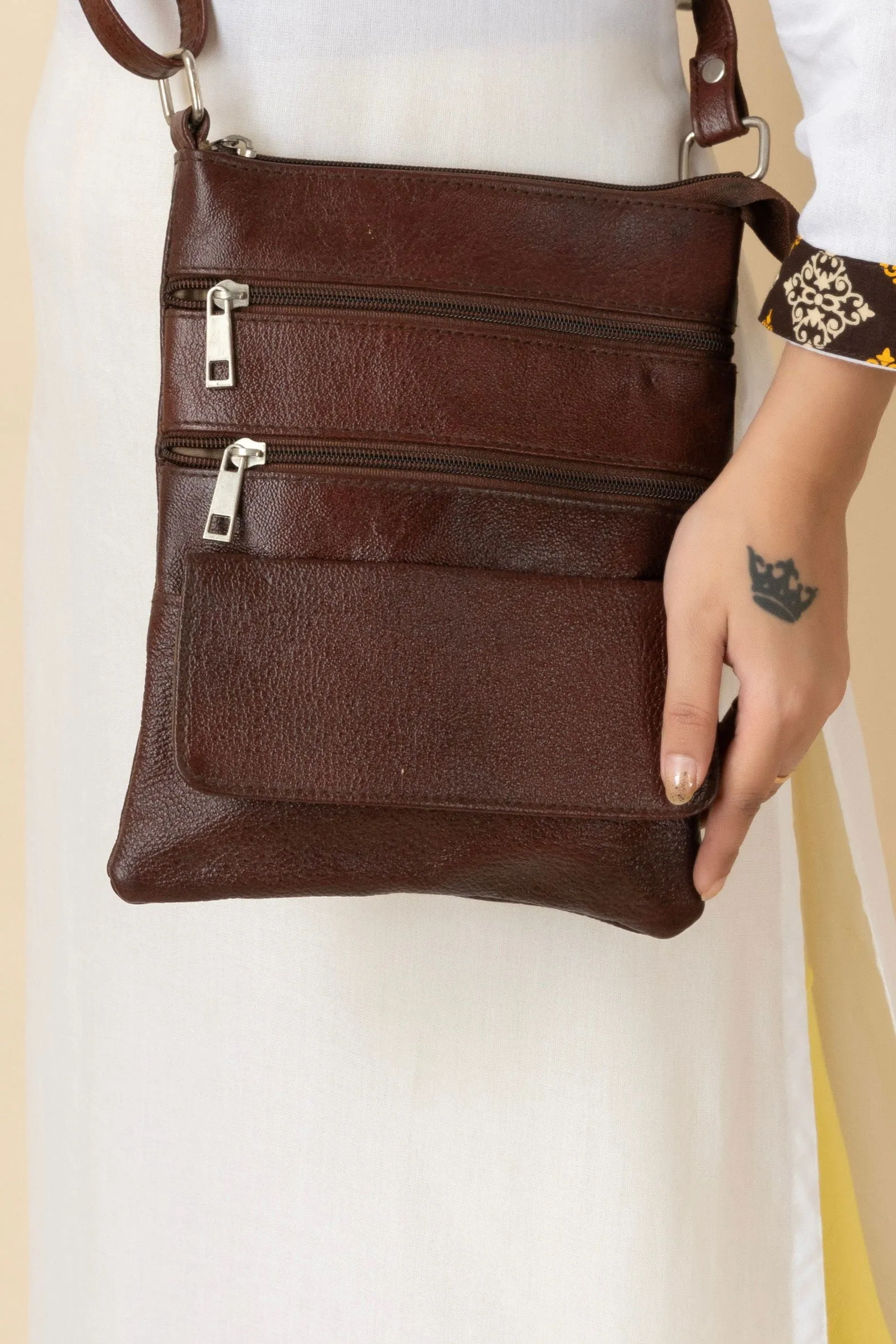 Genuine Leather Brown Crossbody Sling Messenger Bag with 4 Compartments for Daily Essentials