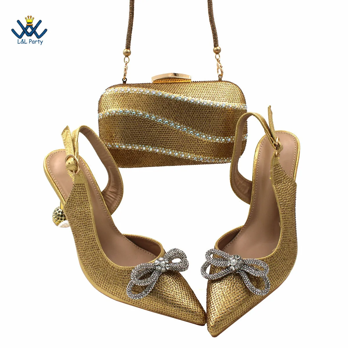 High Quality New Arrivals High Heels in Gold Color Italian Design Office Ladies Shoes Matching Bag Set For Wedding