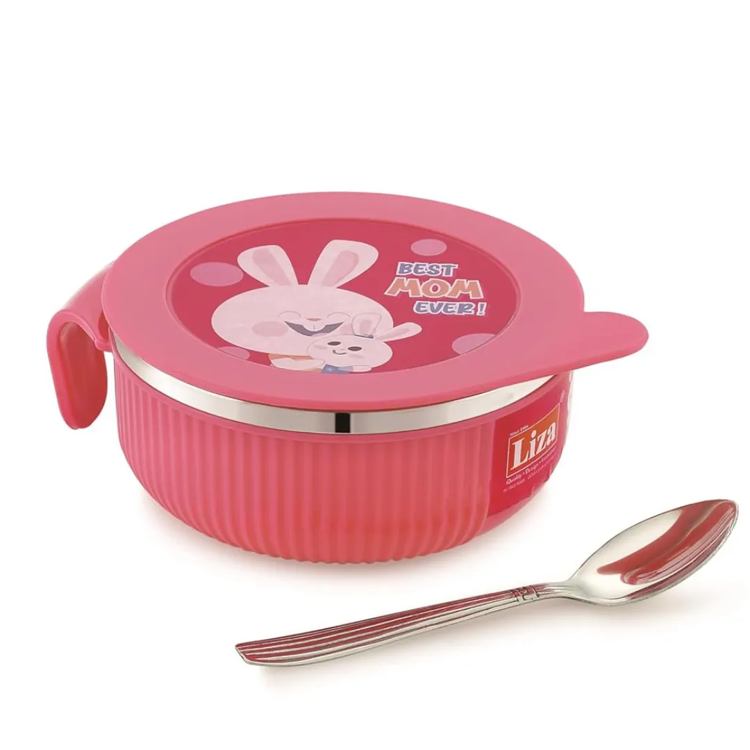 Liza Linex Pink Multipurpose Insulated Baby Feeding Bowl with Spoon Set With Lid