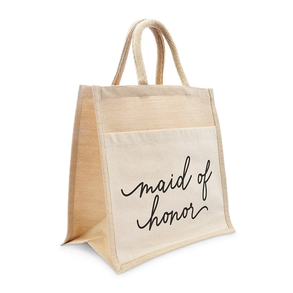 MEDIUM REUSABLE WOVEN JUTE TOTE BAG WITH POCKET - MAID OF HONOR