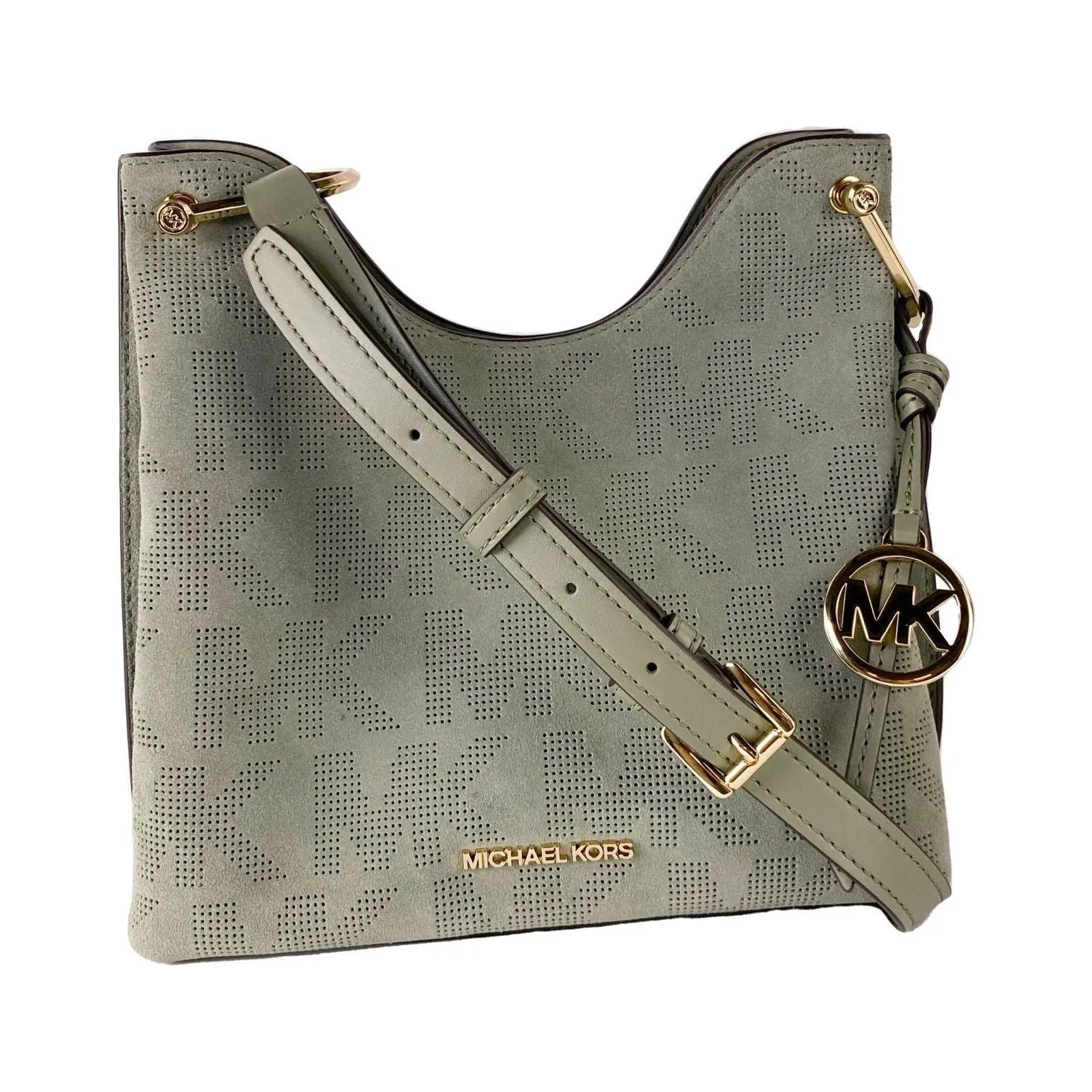 Michael Kors Joan Large Perforated Suede Leather Slouchy Messenger Handbag (Army Green)