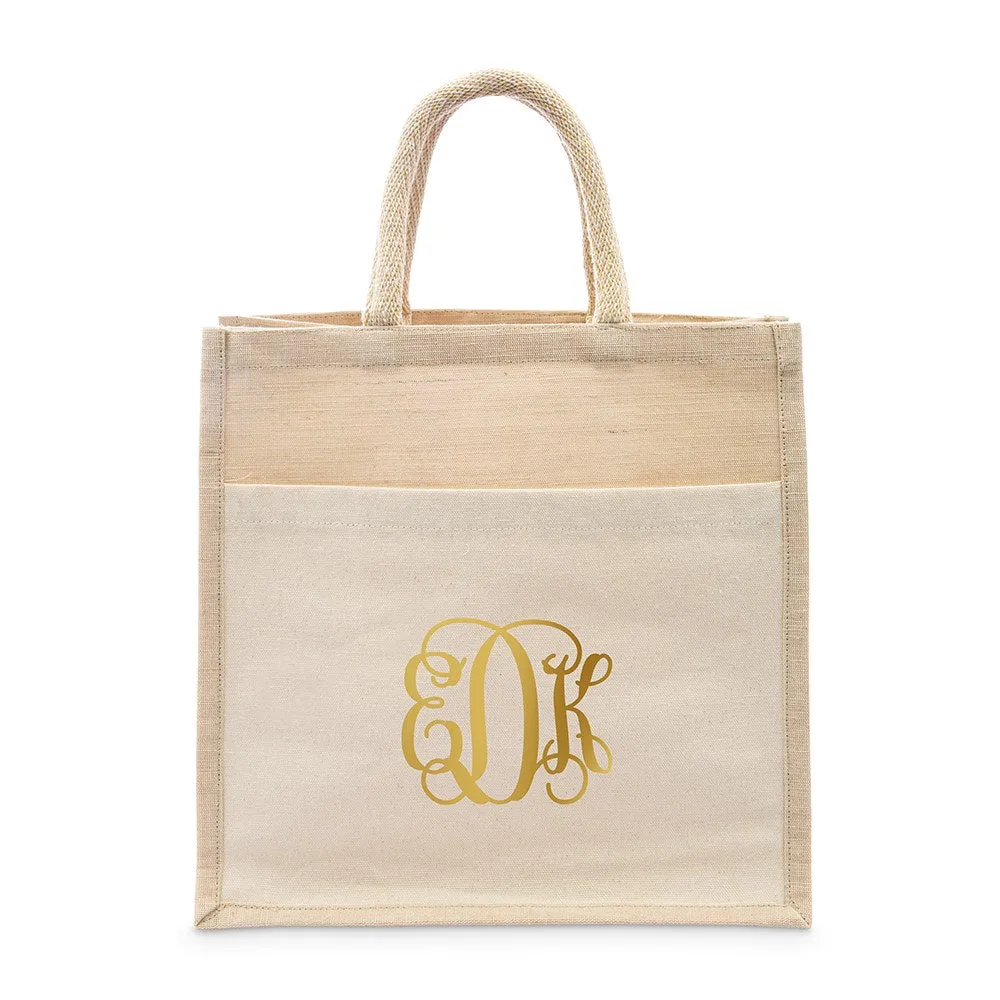 PERSONALIZED WOVEN JUTE MEDIUM TOTE BAG WITH POCKET -  SCRIPT MONOGRAM