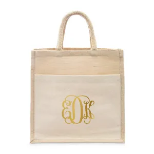 PERSONALIZED WOVEN JUTE MEDIUM TOTE BAG WITH POCKET -  SCRIPT MONOGRAM