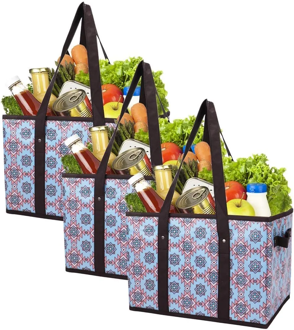 Reusable Grocery Bags Set Durable Heavy Duty Tote Bag Collapsible Grocery Shopping Box Bag with Reinforced Bottom, Pack of 3