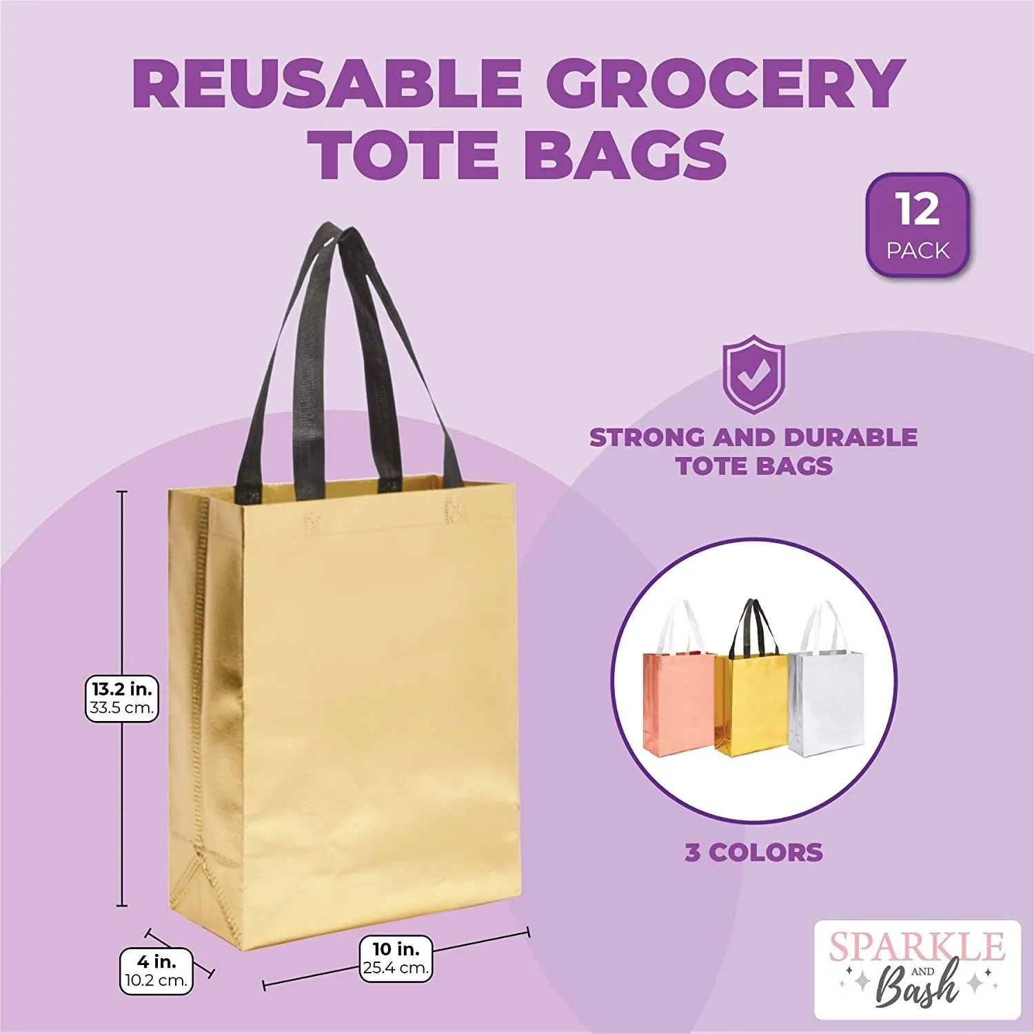 Reusable Grocery Shopping Tote Bags in 3 Metallic Colors (Medium, 12 Pack)