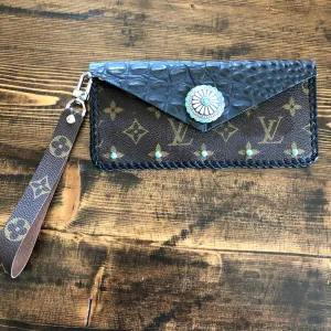 The SHORT Wren - Black and Turquoise Monogram Wristlet Bag