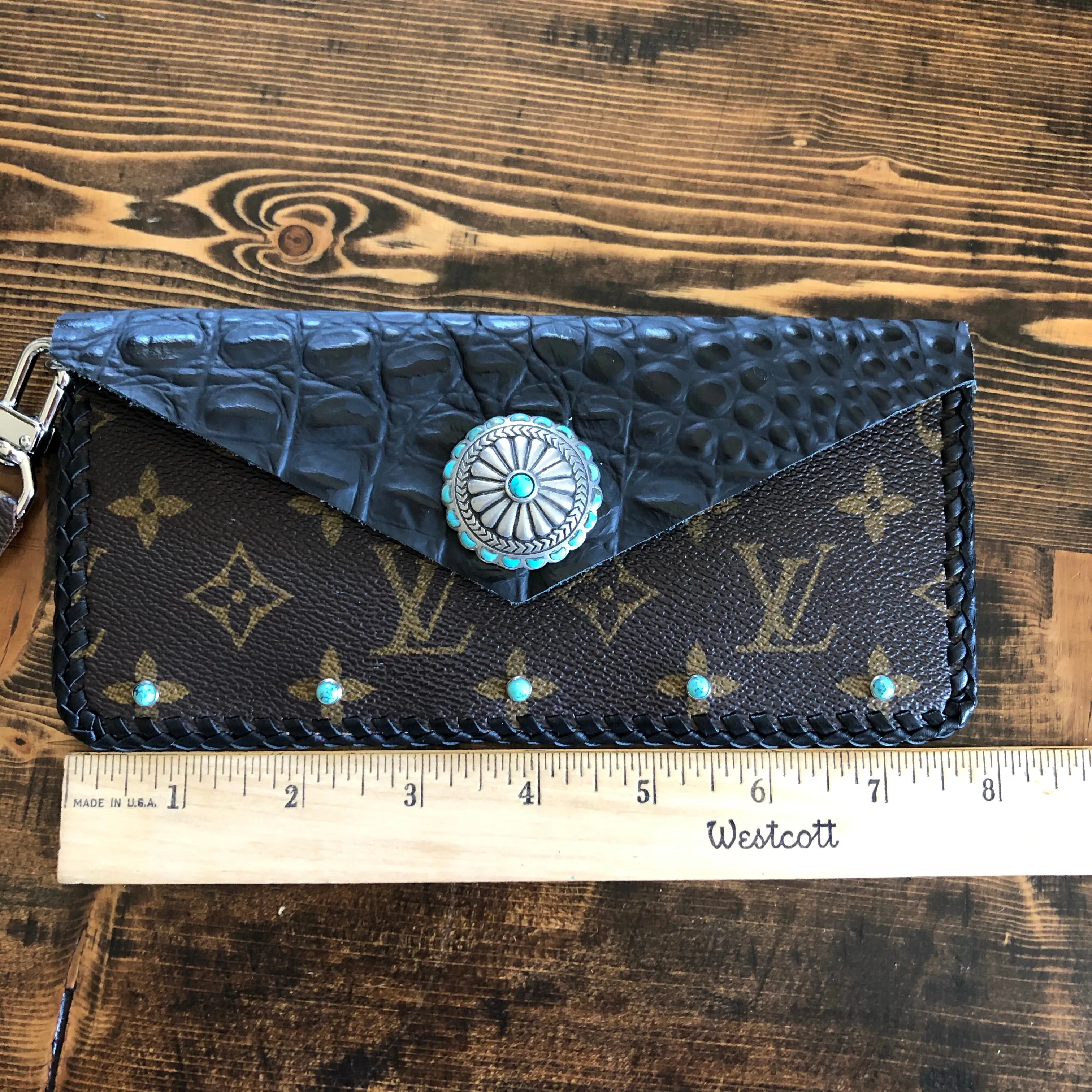 The SHORT Wren - Black and Turquoise Monogram Wristlet Bag