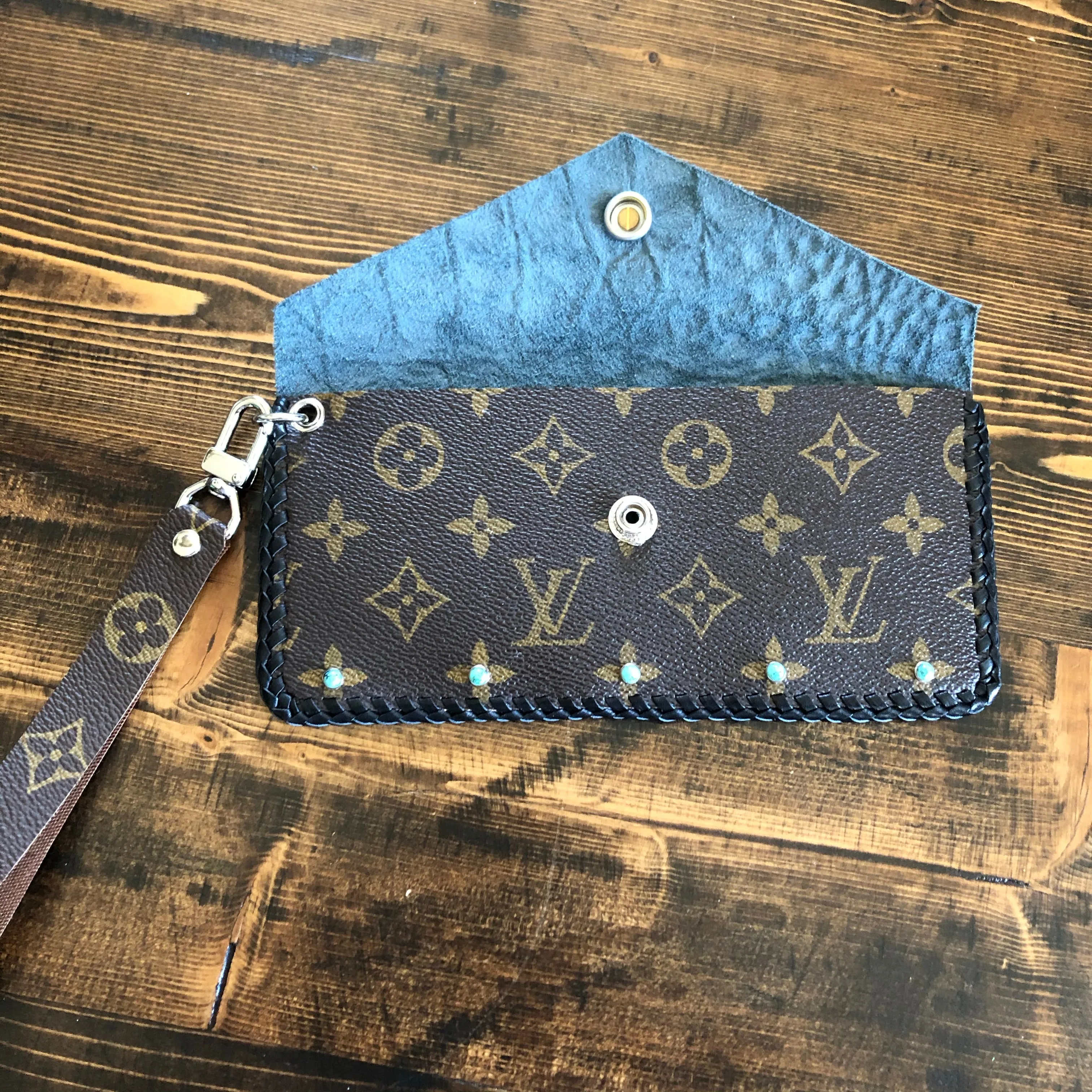 The SHORT Wren - Black and Turquoise Monogram Wristlet Bag